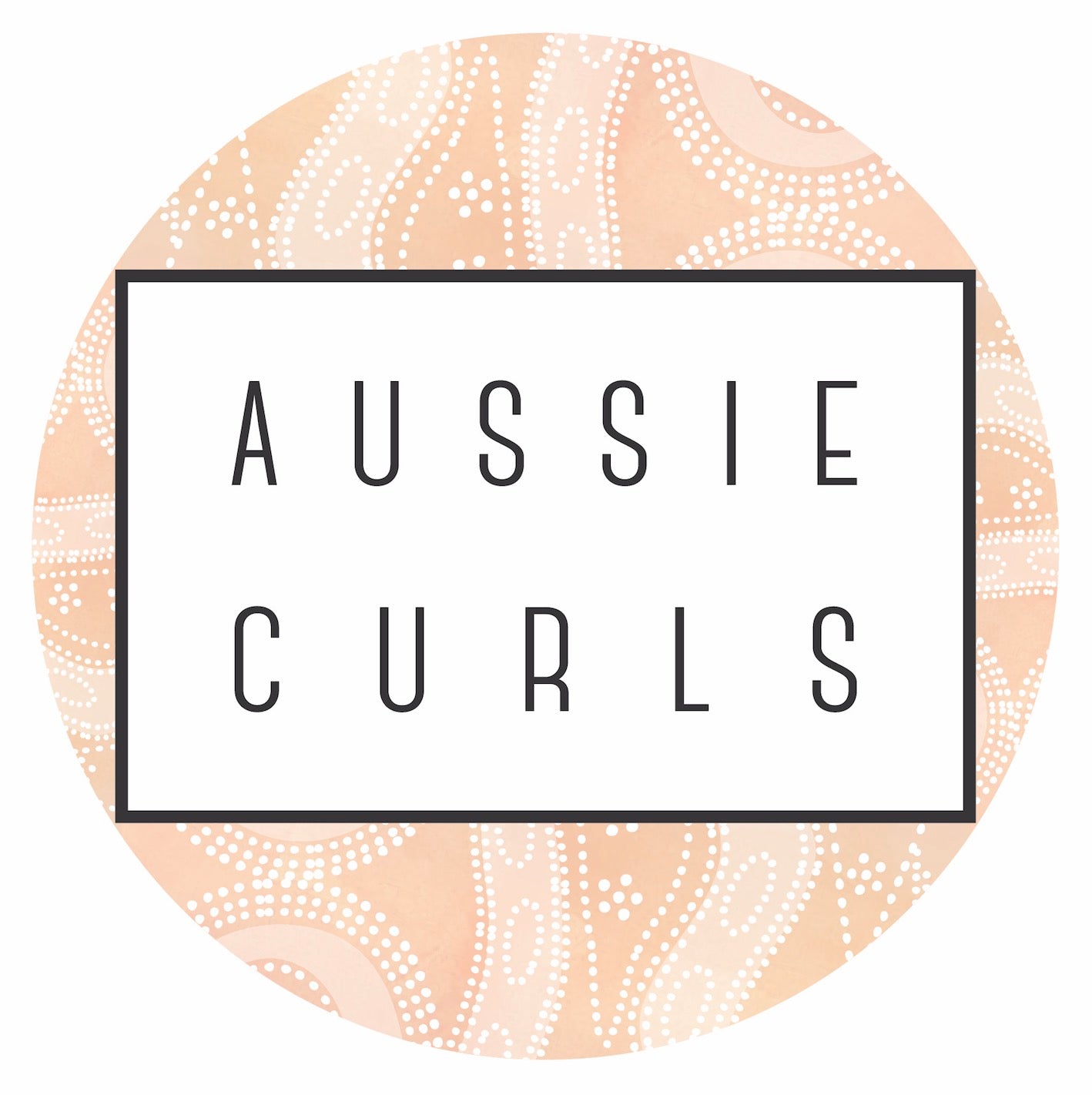A circle image with a rectangle in the middle of the circle, The circle is filled in with an earthy orange colour and aboriginal artwork, the rectangle is white with a black outline and the wording Aussie Curls in capital letters in black.